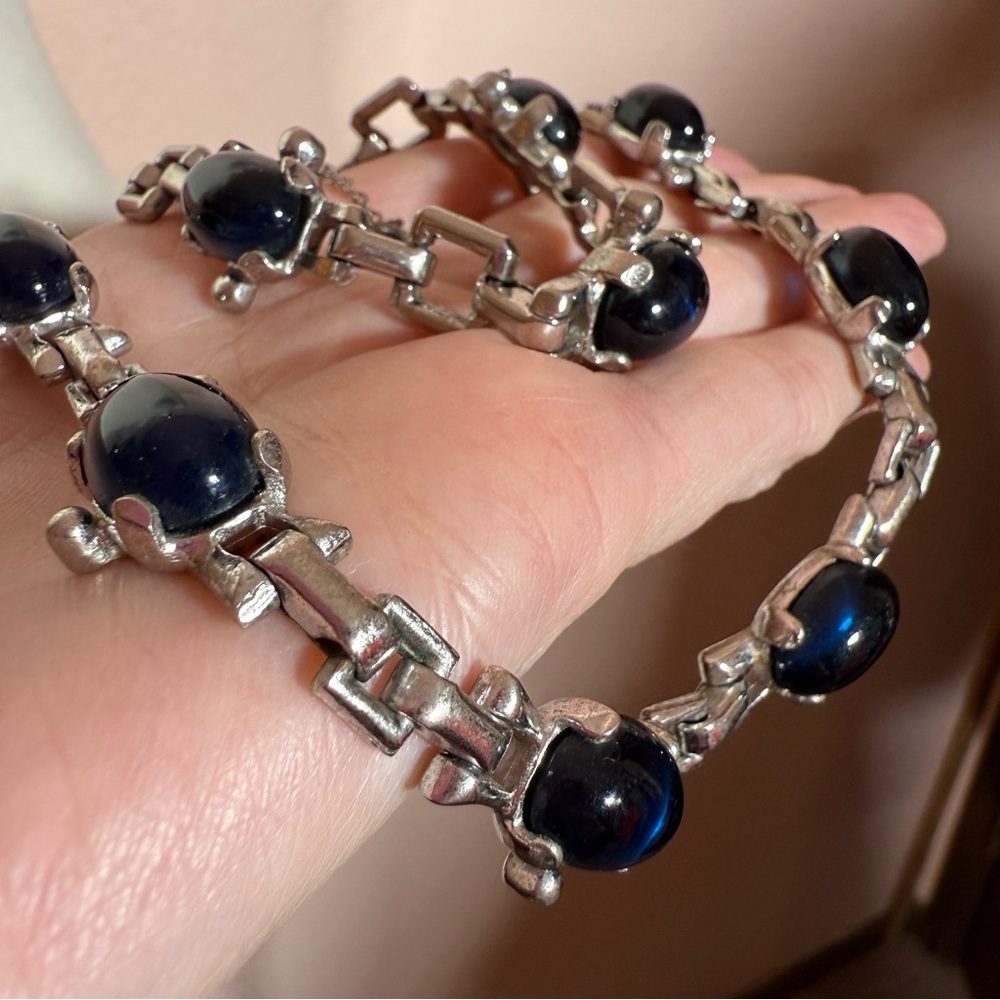 Vintage Barclay Art deco Cobalt Blue Glass Cabochon silver Necklace Bracelet set